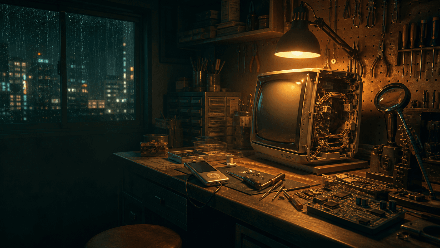 Original electronics repair workbench illustration